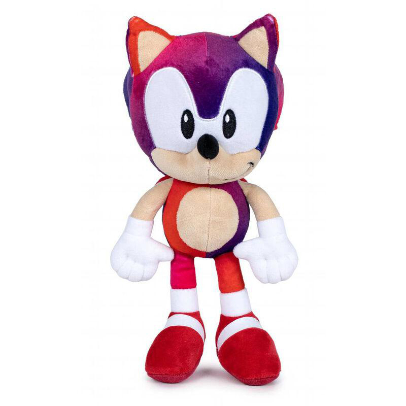 Sonic the Hedgehog Plüschtier. Es hat rote, lila und orange Farben. Auf weißem Hintergrund.