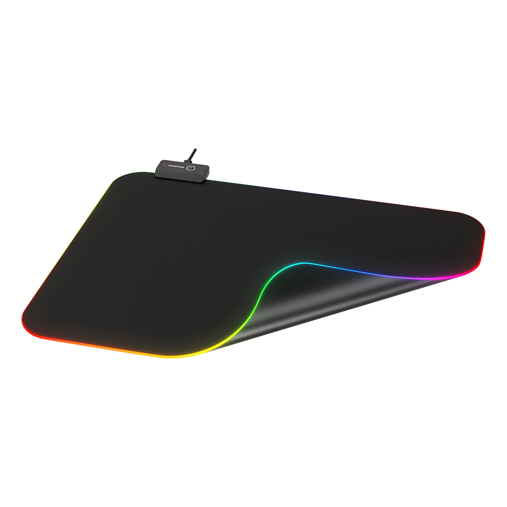 Çok renkli LED kenarlı, siyah bir oyun mousepad'i.