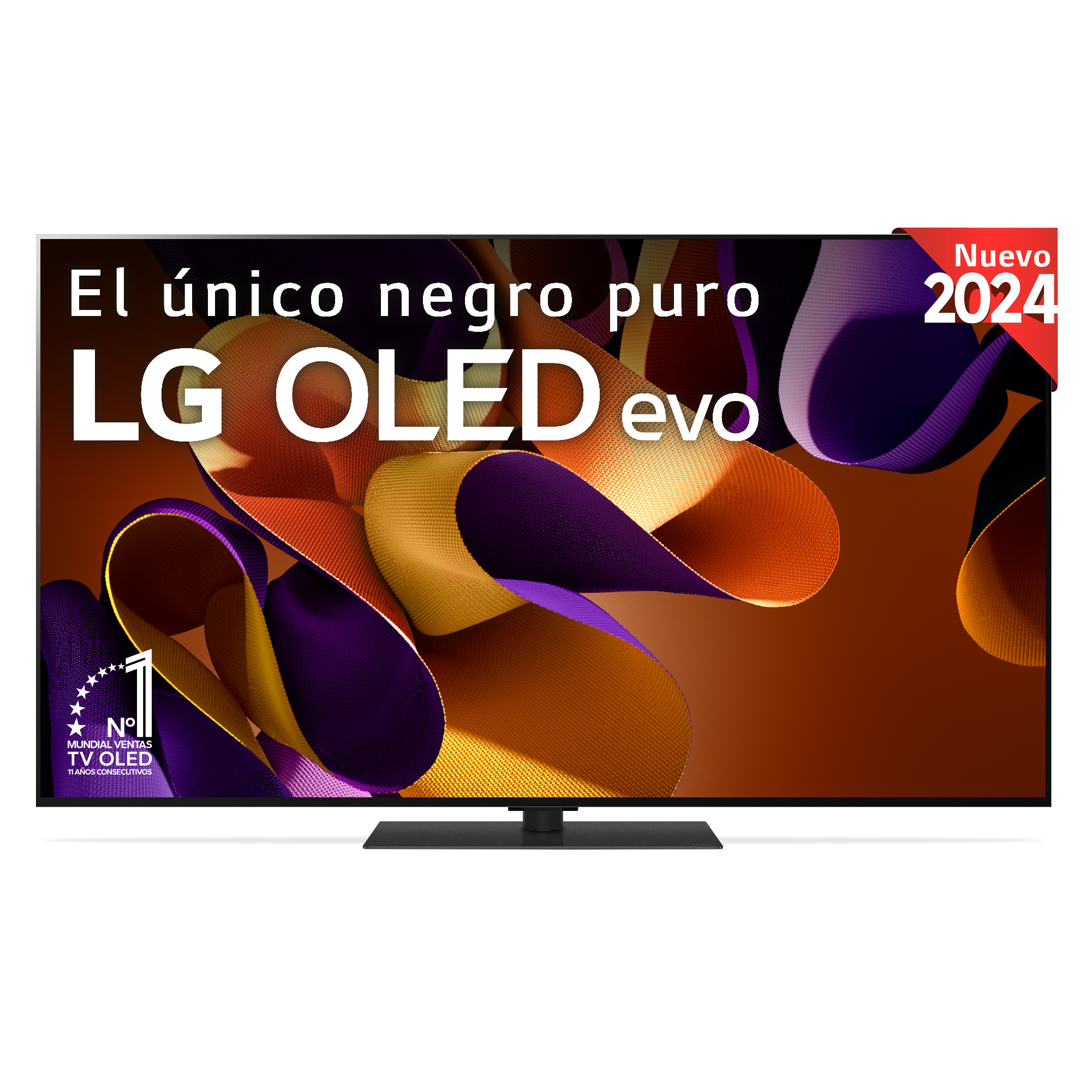 Un gran televisor LG OLED evo con marco negro. La pantalla muestra una imagen abstracta.
