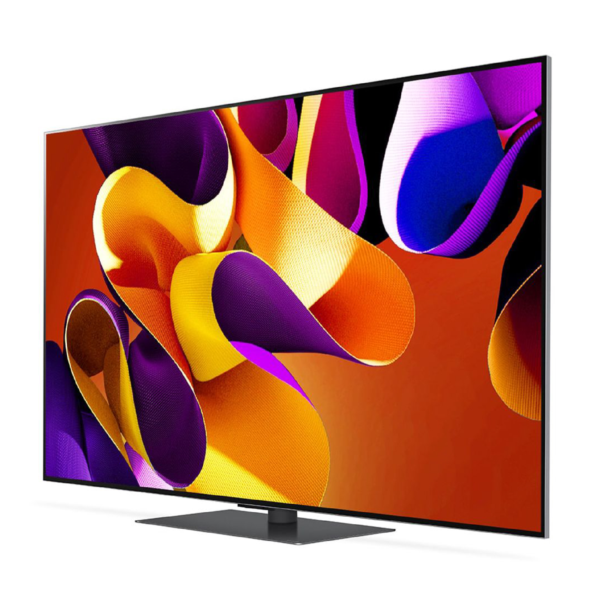 Televisor grande con formas abstractas y fluidas en naranja, amarillo y morado sobre fondo naranja quemado.