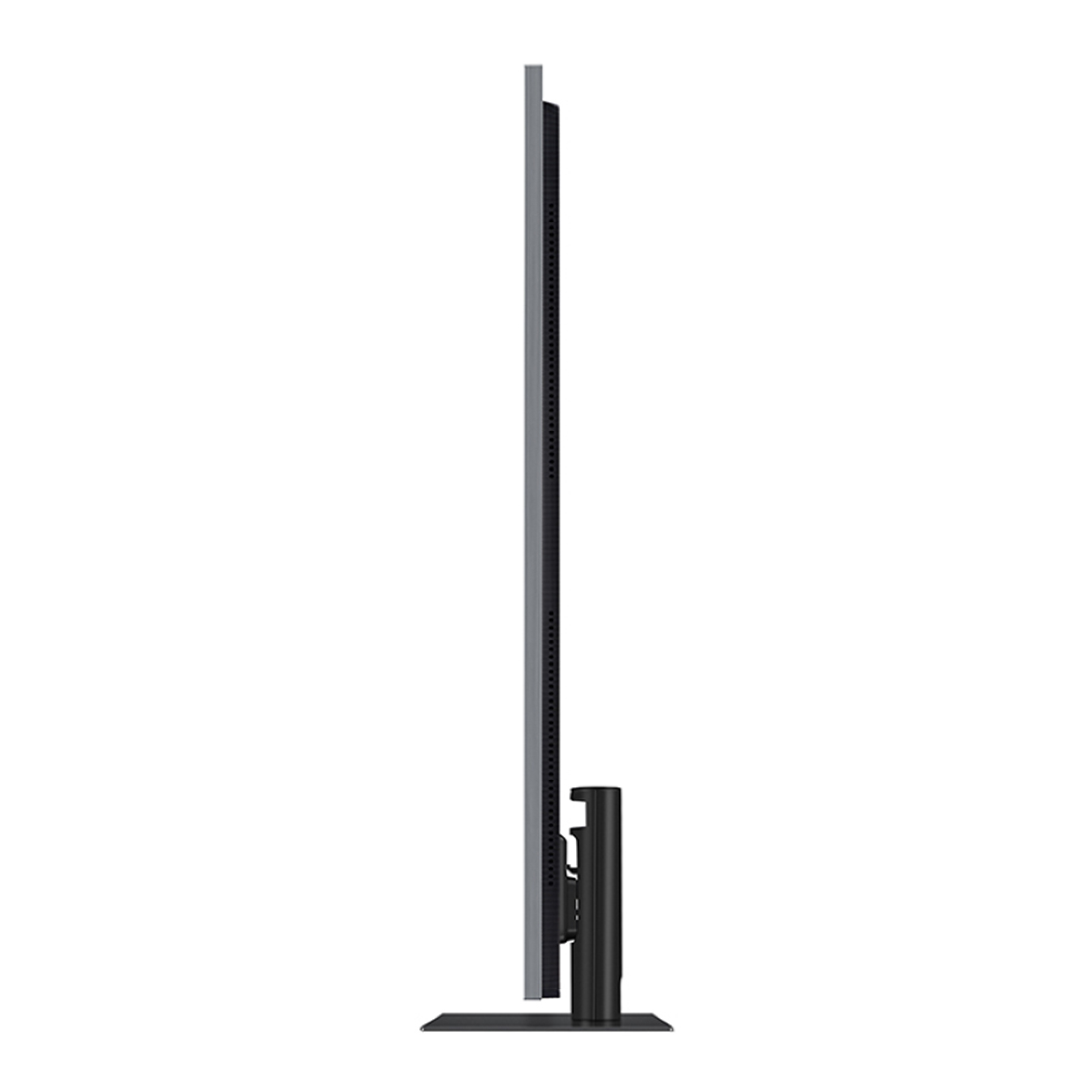 Una vista lateral de un televisor negro y delgado sobre un soporte, sobre fondo blanco.