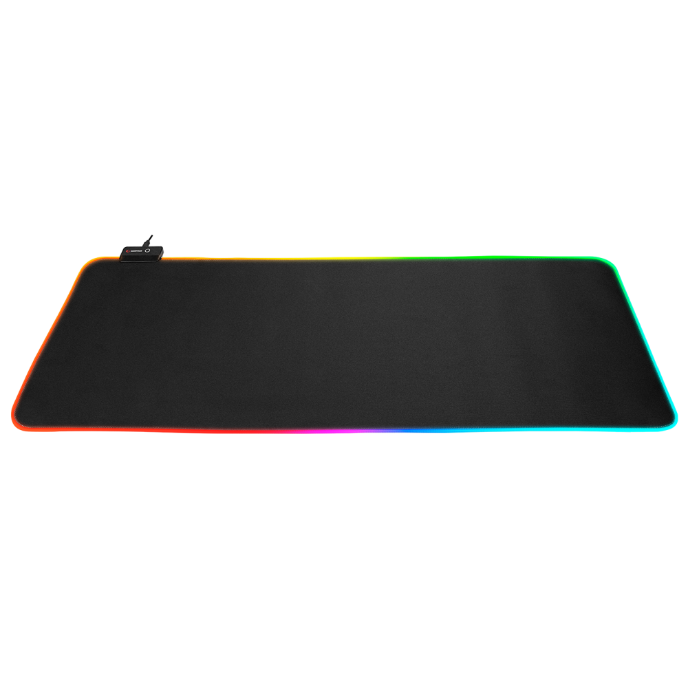 Kenarlarında RGB aydınlatmalı siyah mousepad. Bir kablo bağlı.