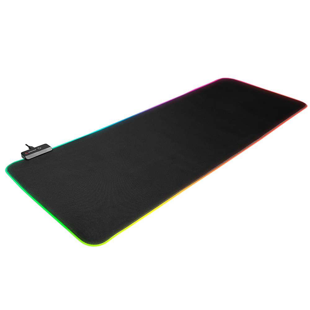 Kenarlarında RGB aydınlatmalı siyah bir mousepad.