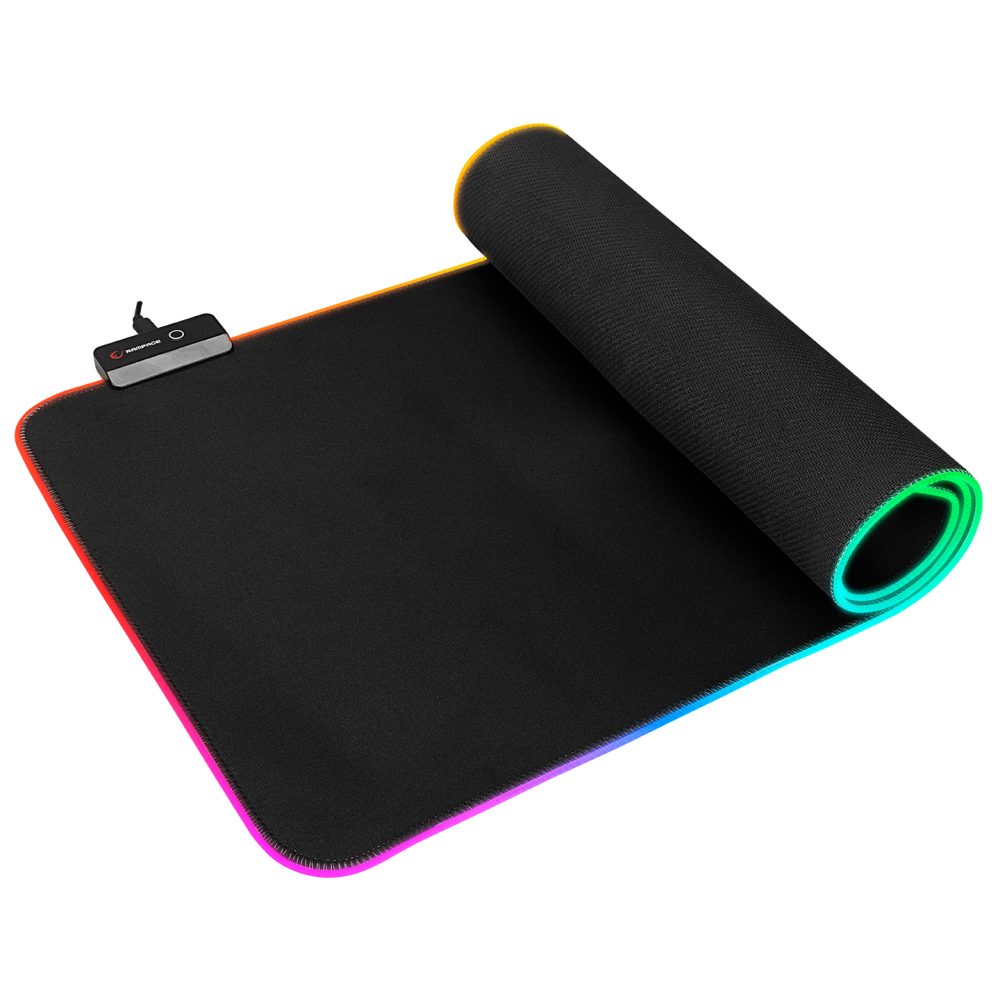 RGB kenarlı siyah oyun faresi altlığı, açılmış. Solda küçük bir kontrol ünitesi.