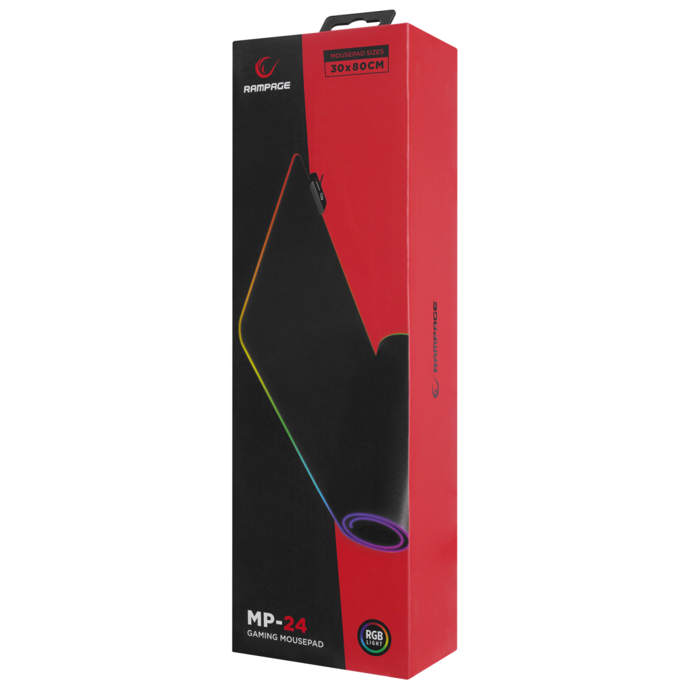 Rampage logosu, MP-24 metni ve renkli bir ışık tasarımı içeren kırmızı ve siyah bir oyun mousepad kutusu.