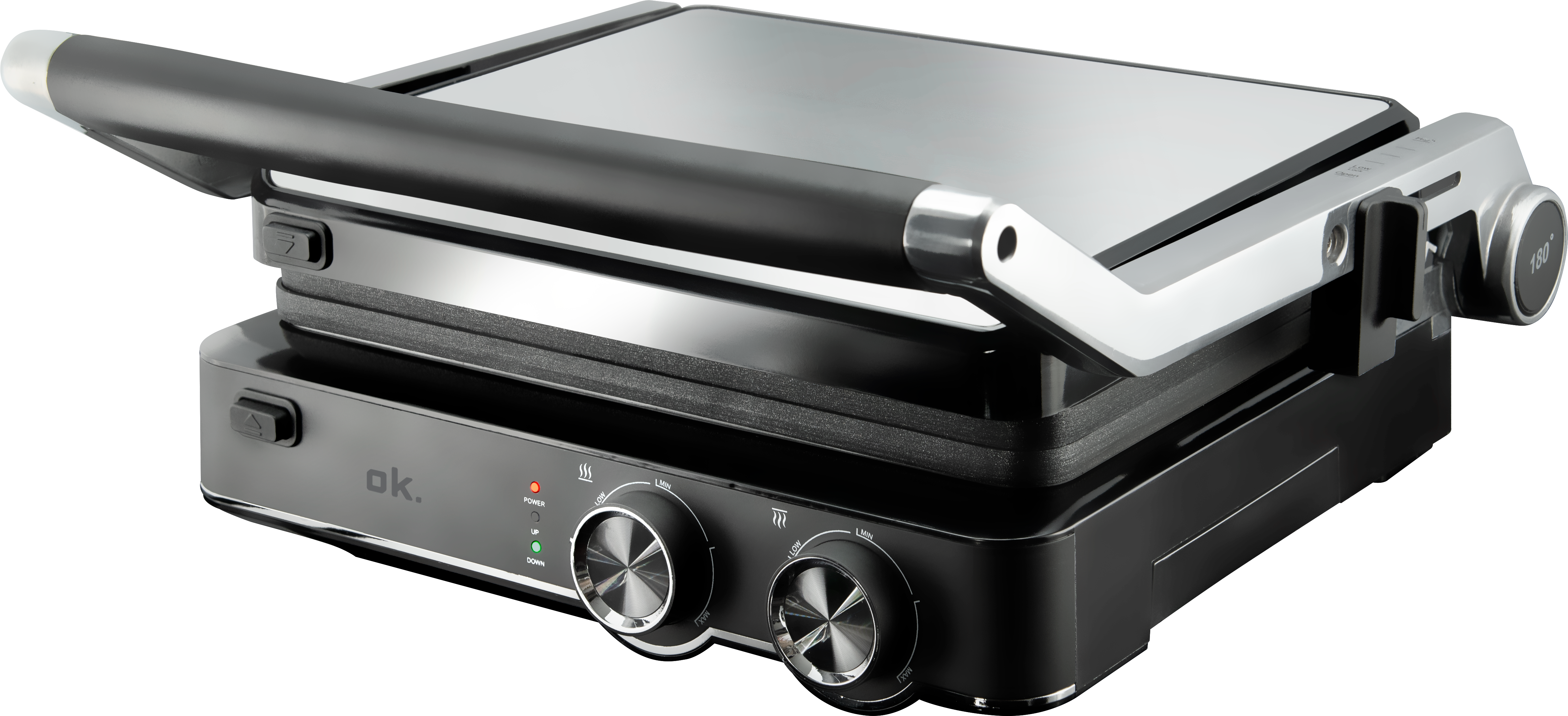 Un grill ok. nero e argento con manico nero e due controlli di temperatura.