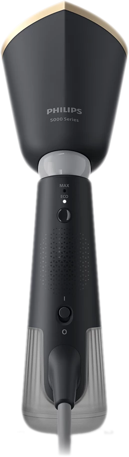 Uno steamer per indumenti Philips nero e grigio su sfondo bianco.