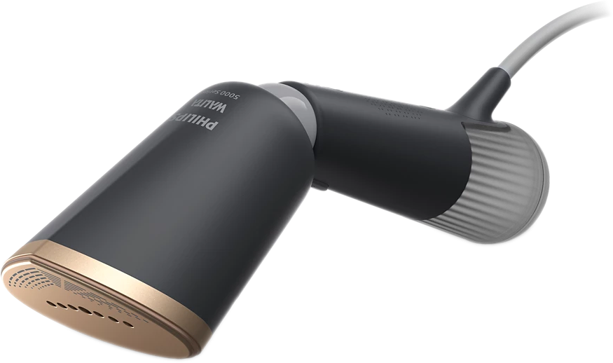 Vaporizzatore per abiti nero e oro con cavo grigio. Vista angolata.