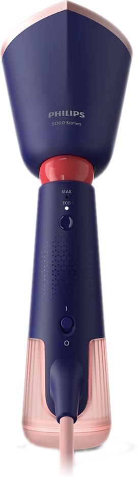 Blau-roségoldener Philips Dampfgarer. Es hat Knöpfe und ein Netzkabel. Der Kopf ist rot.