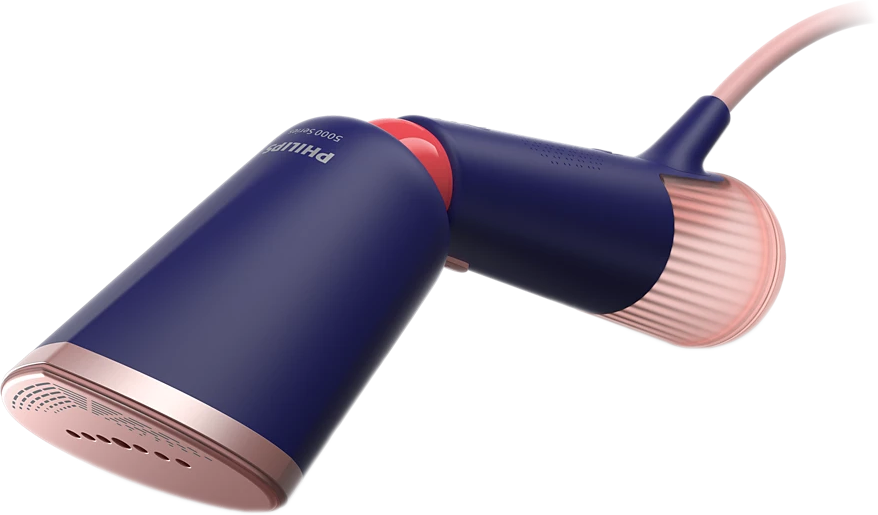 Ein Handdampfer in Marineblau und Rosa, mit einem rosa Kabel. Die Düse ist rosa mit einem Gitter.