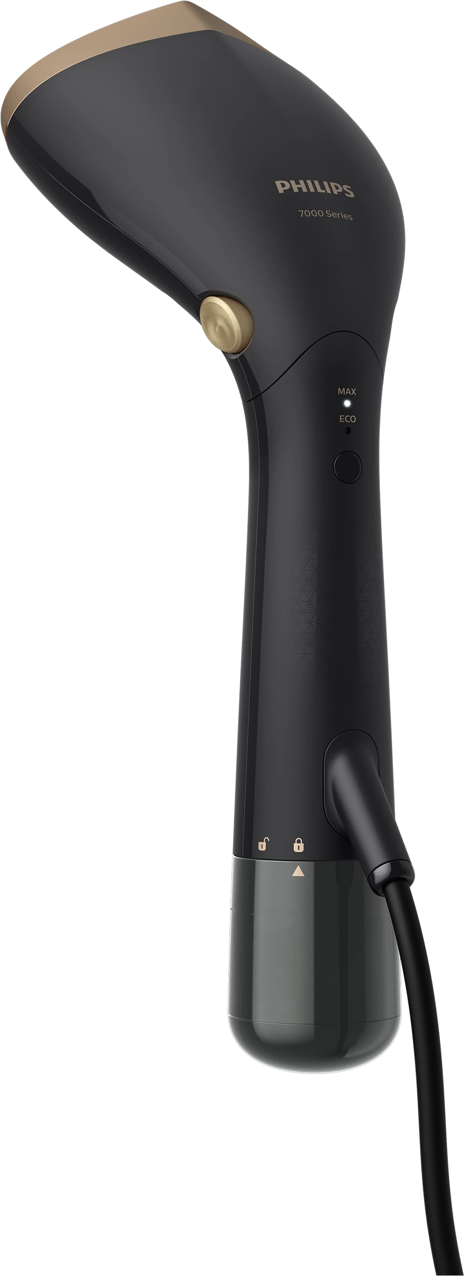 Schwarzer und goldener Philips 7000 Series Dampfglätter auf schwarzem Hintergrund.
