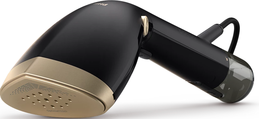 Schwarz-goldener Philips-Kleidungsdämpfer. Hat ein geschwungenes Design und OptiTemp vorne.