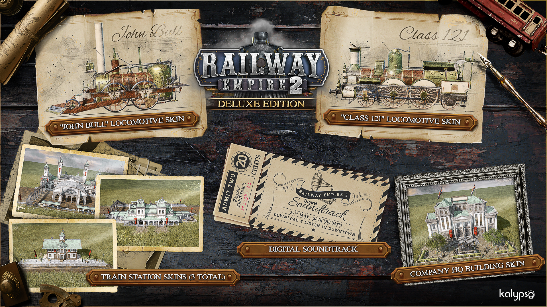 Illustration de boîte de jeu avec des illustrations de trains et de bâtiments, plus une bande son numérique.