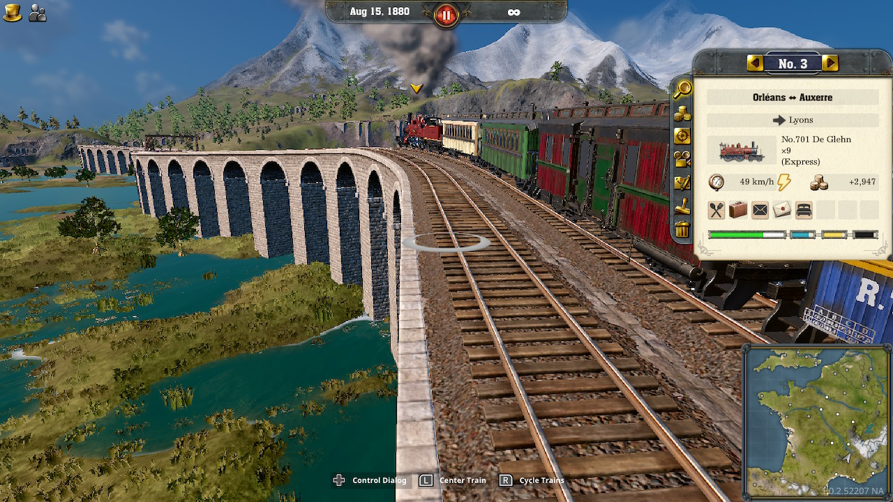 Un train traverse un pont. Le pont est au-dessus d'une rivière. La scène est un jeu.