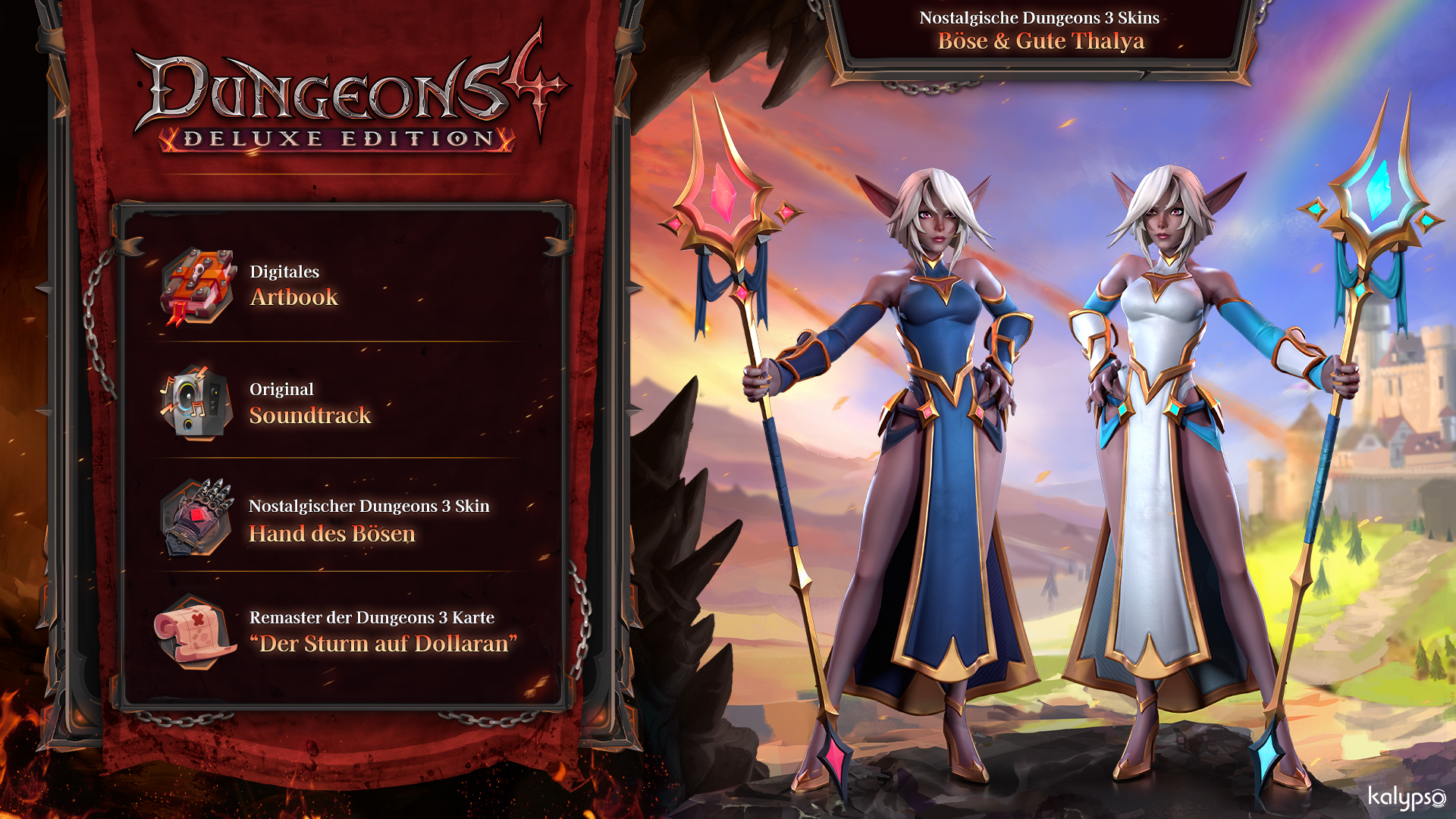 Couverture du jeu Dungeons 4 Deluxe Edition avec illustrations de personnages et infos. Fantastique sombre.
