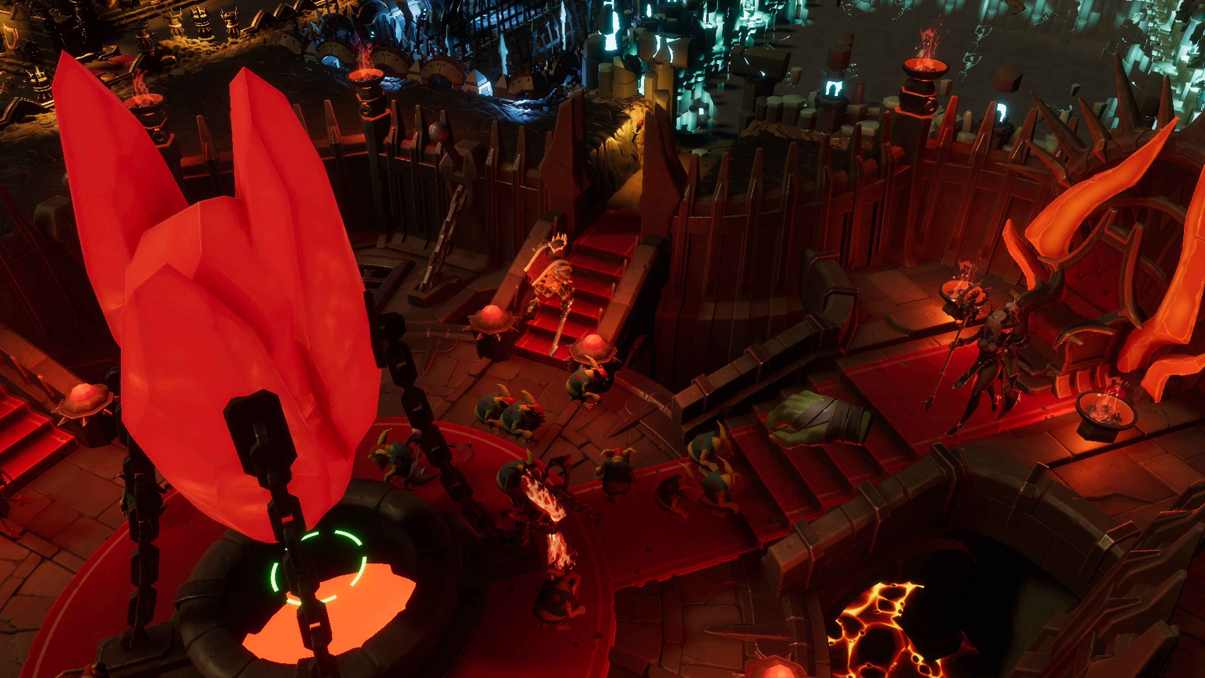 Vue de dessus d'une scène de jeu fantastique avec un château rouge et des personnages.