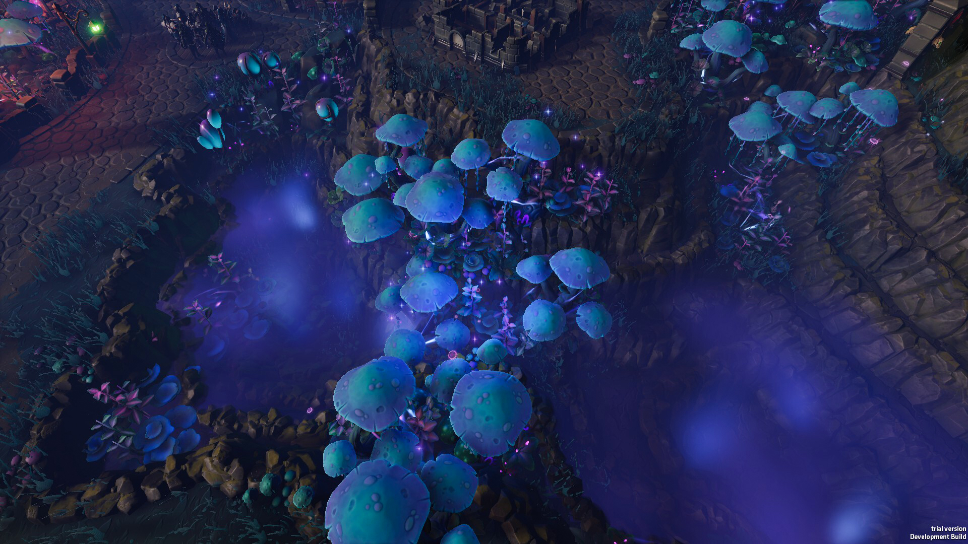 Vue aérienne d'une scène fantastique avec des champignons bleus et un marais violet.