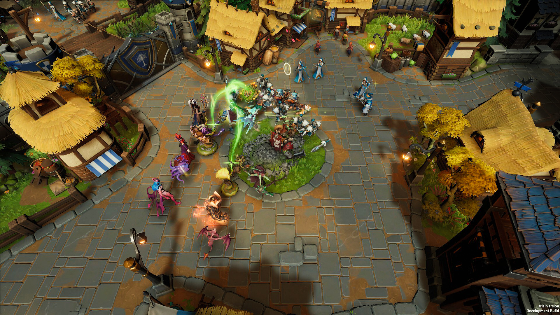 Vue de dessus d'une scène de jeu fantastique colorée avec des bâtiments, des personnages et un conflit central.