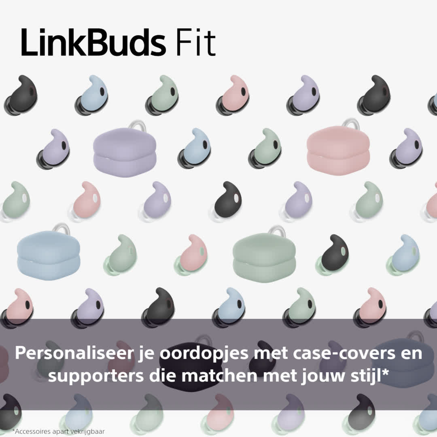 Veel draadloze oordopjes in een patroon met de tekst 'LinkBuds Fit'.