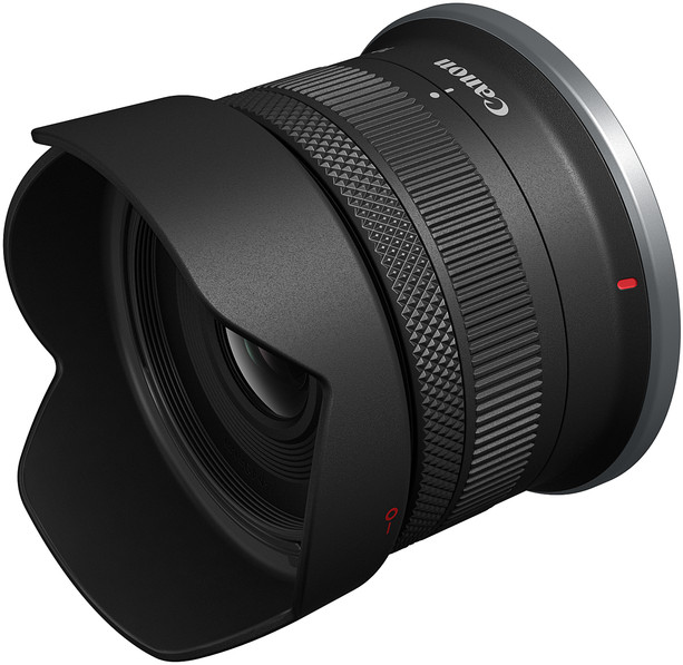 Canon lens with a black hood. The lens is black with silver accents and the Canon logo on top.