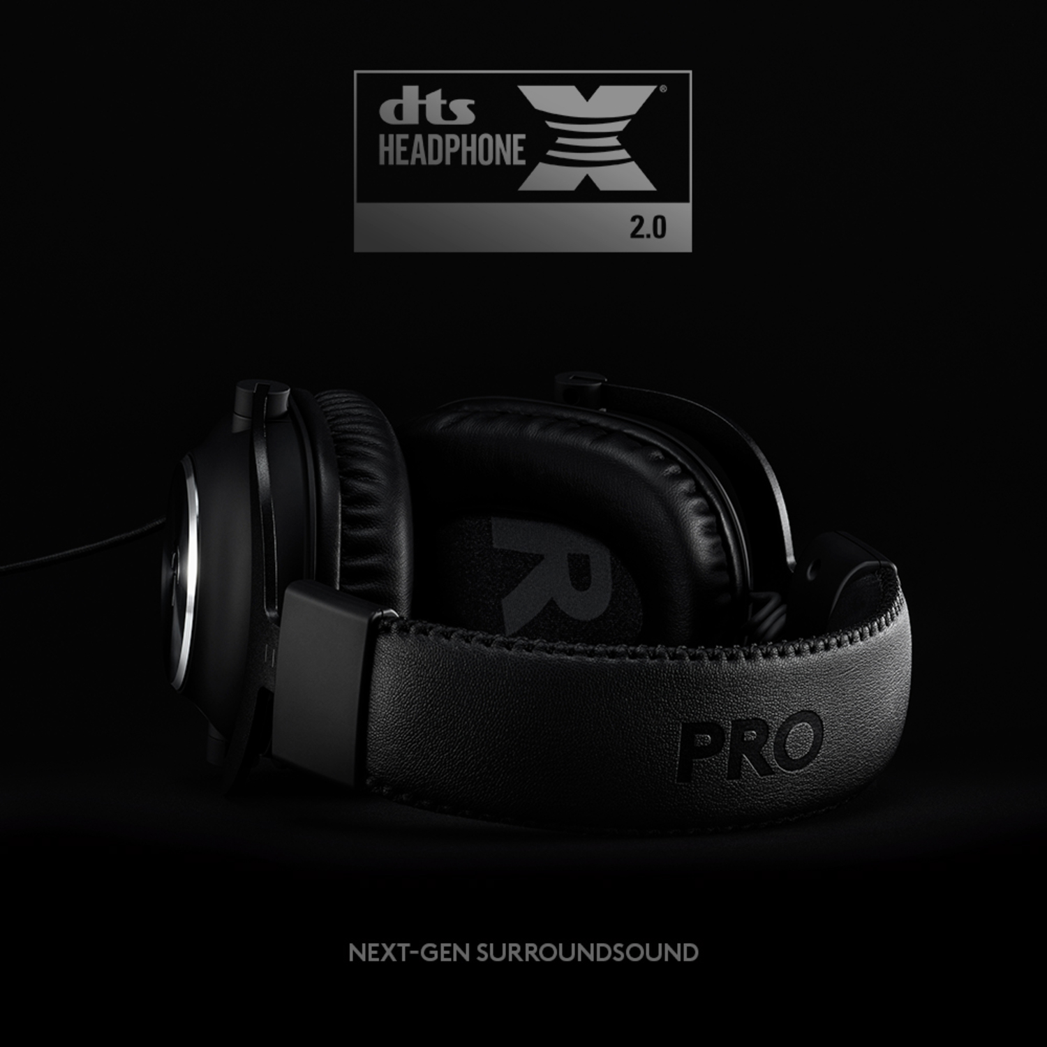 Black headphones on black background. Text says DTS Headphone:X 2.0 and PRO.