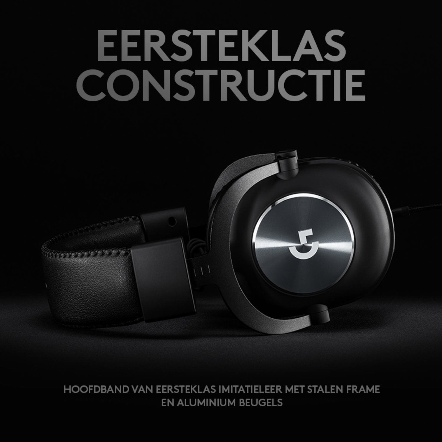 Black headphones with the letter G on the side, against a black background.