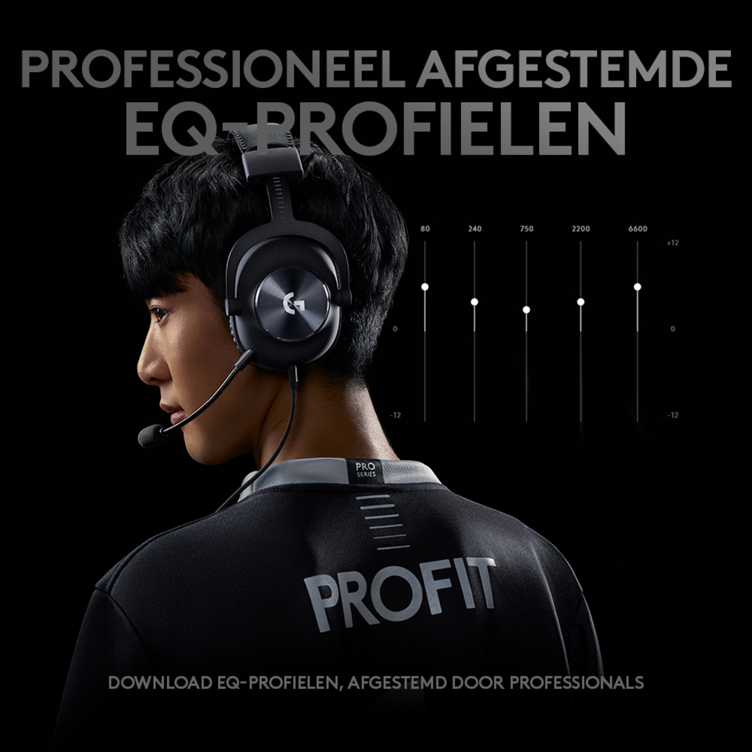 A man wearing headphones with a microphone, with an equalizer graphic behind him. The word PROFIT is on his back.