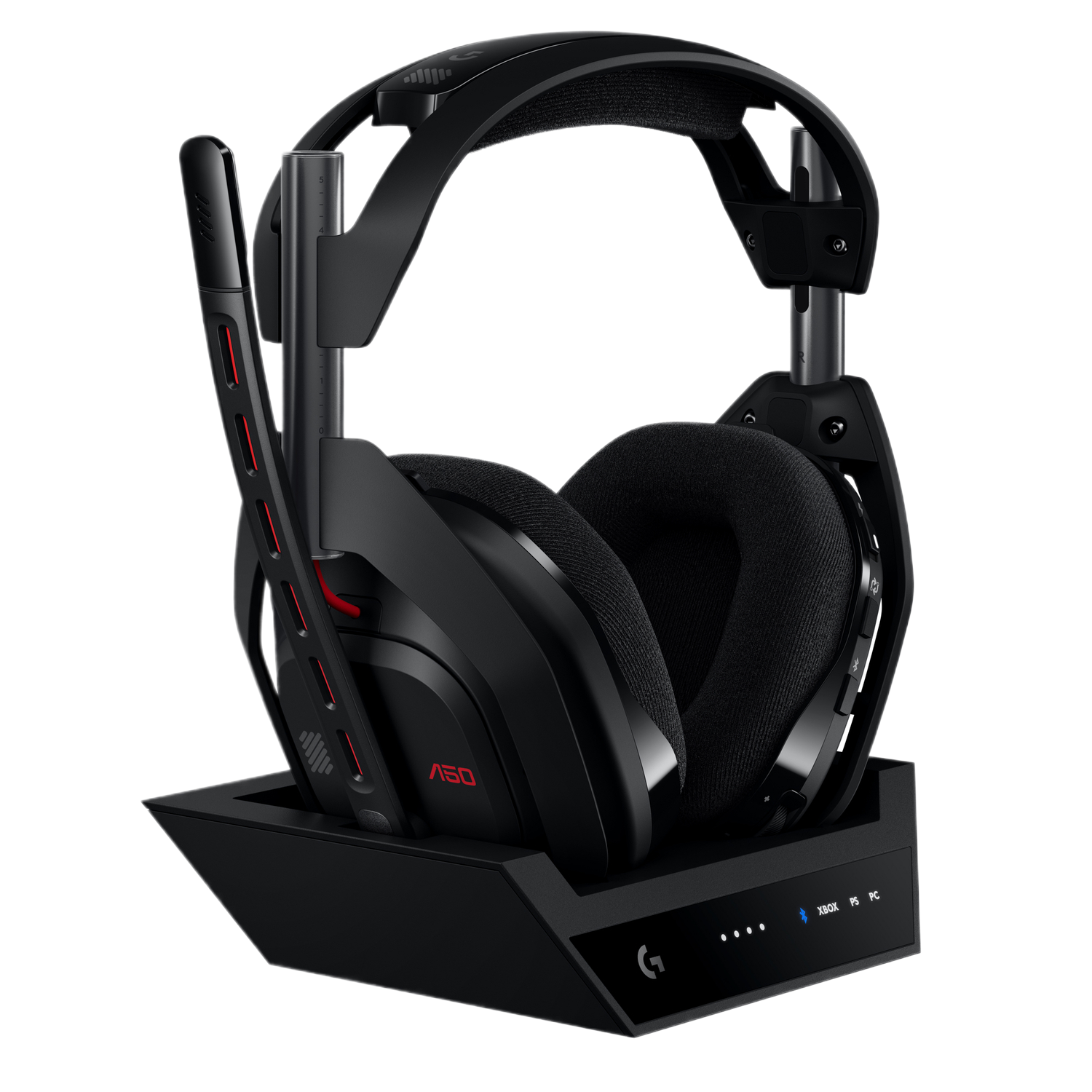 Black gaming headset and charging base on a white background, with red accents.