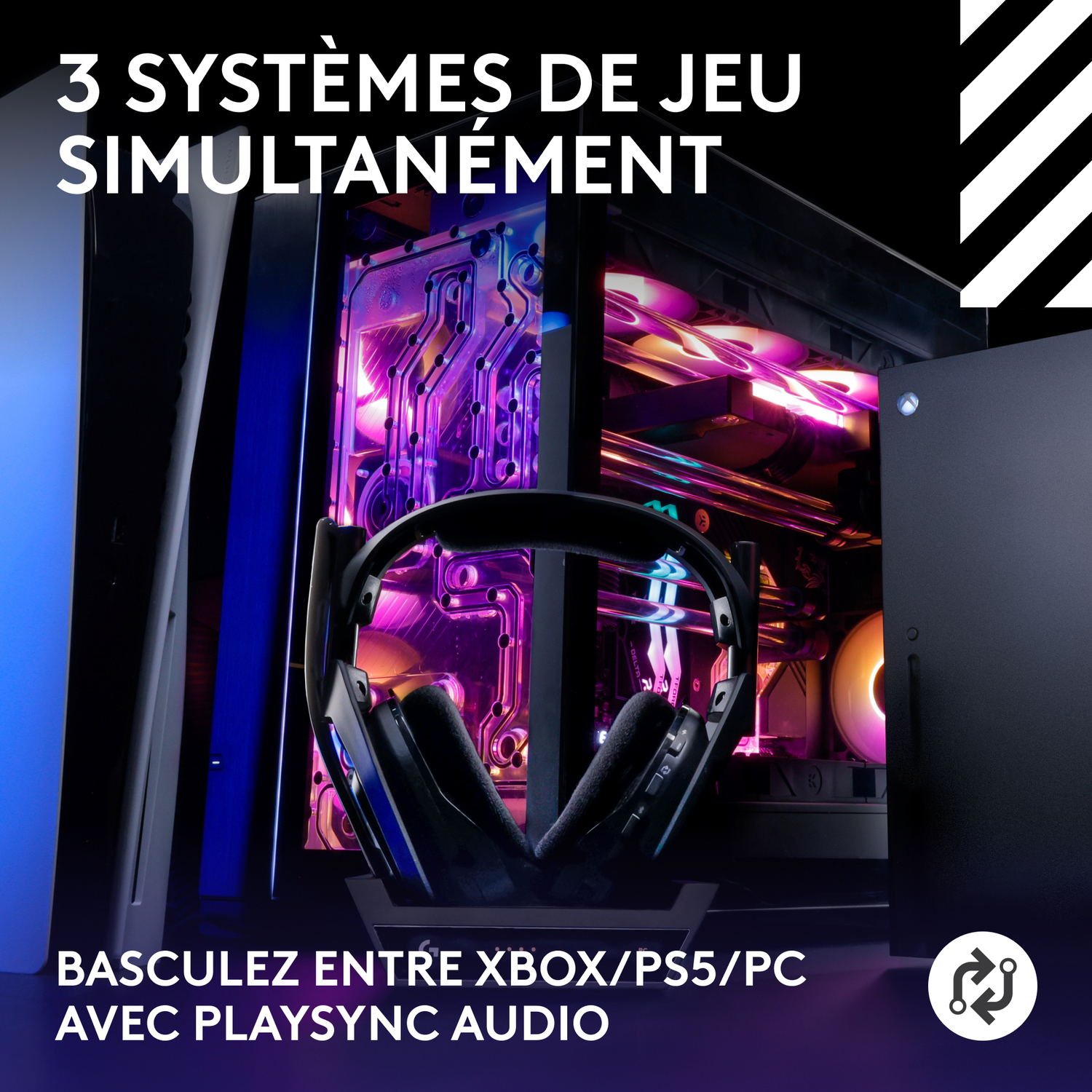 Configuration de jeu avec casque, PC et console. Texte en français.