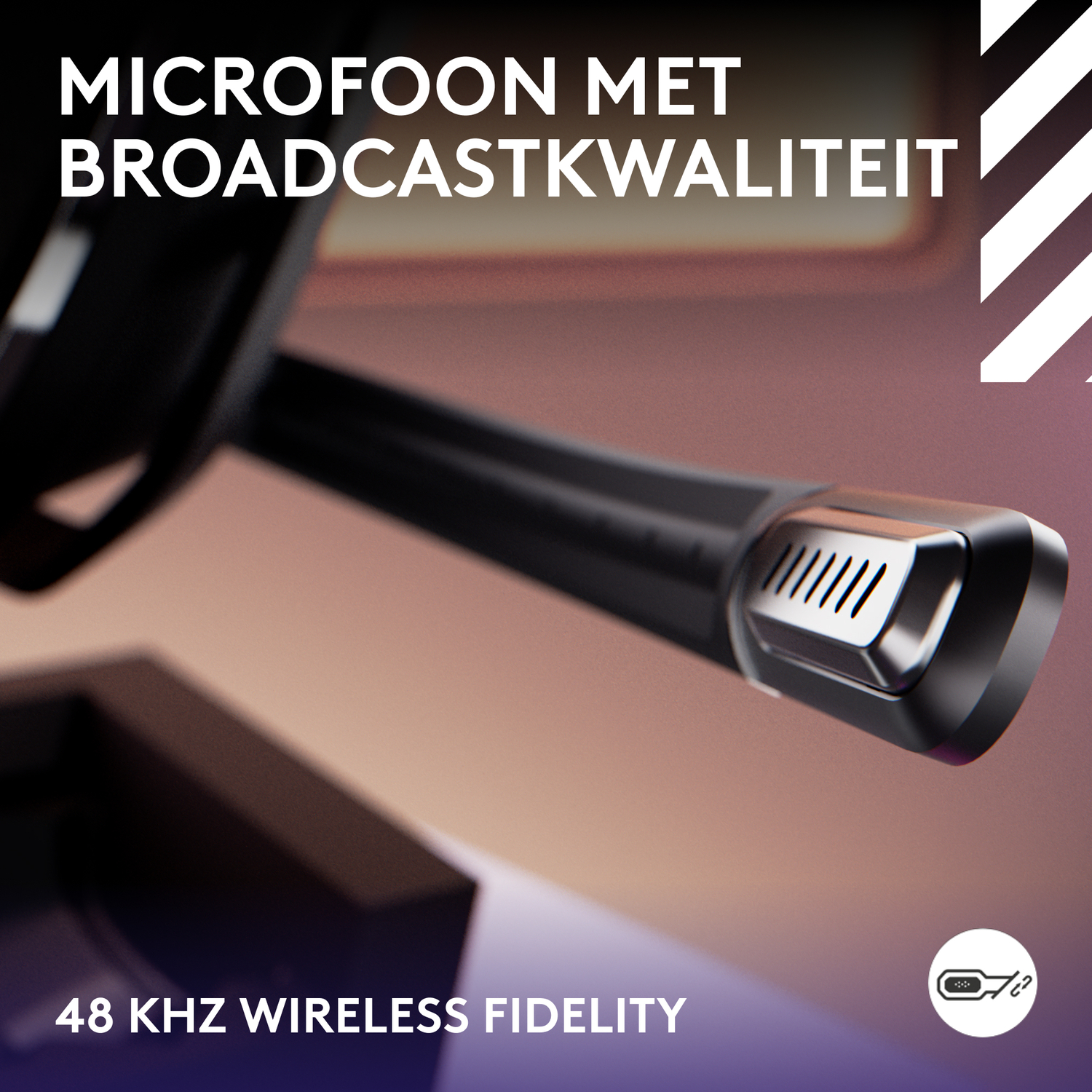 Close-up of a microphone with text about broadcast quality and 48 kHz wireless fidelity.