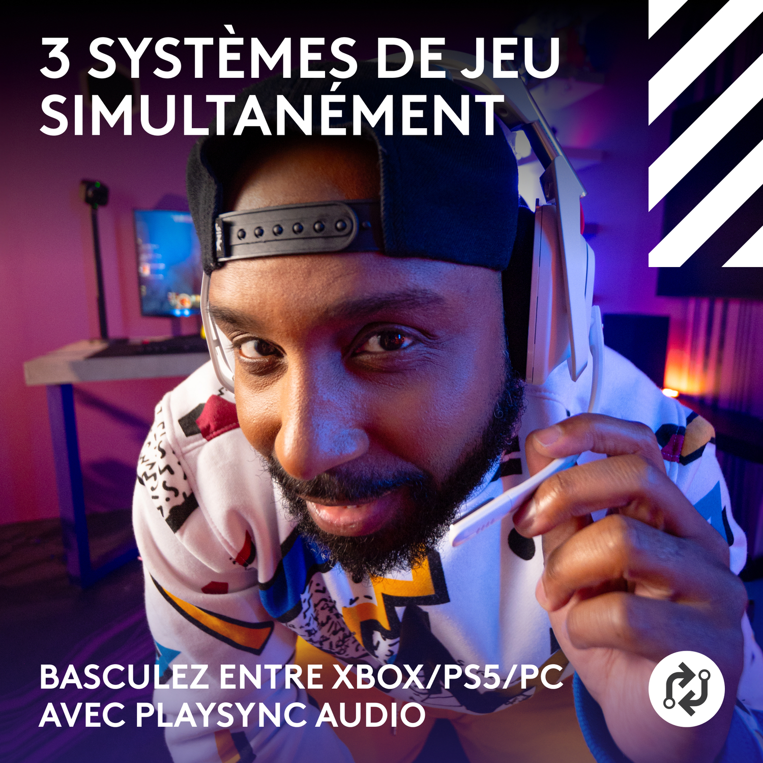 Un homme portant un casque, avec du texte sur le jeu multi-système.