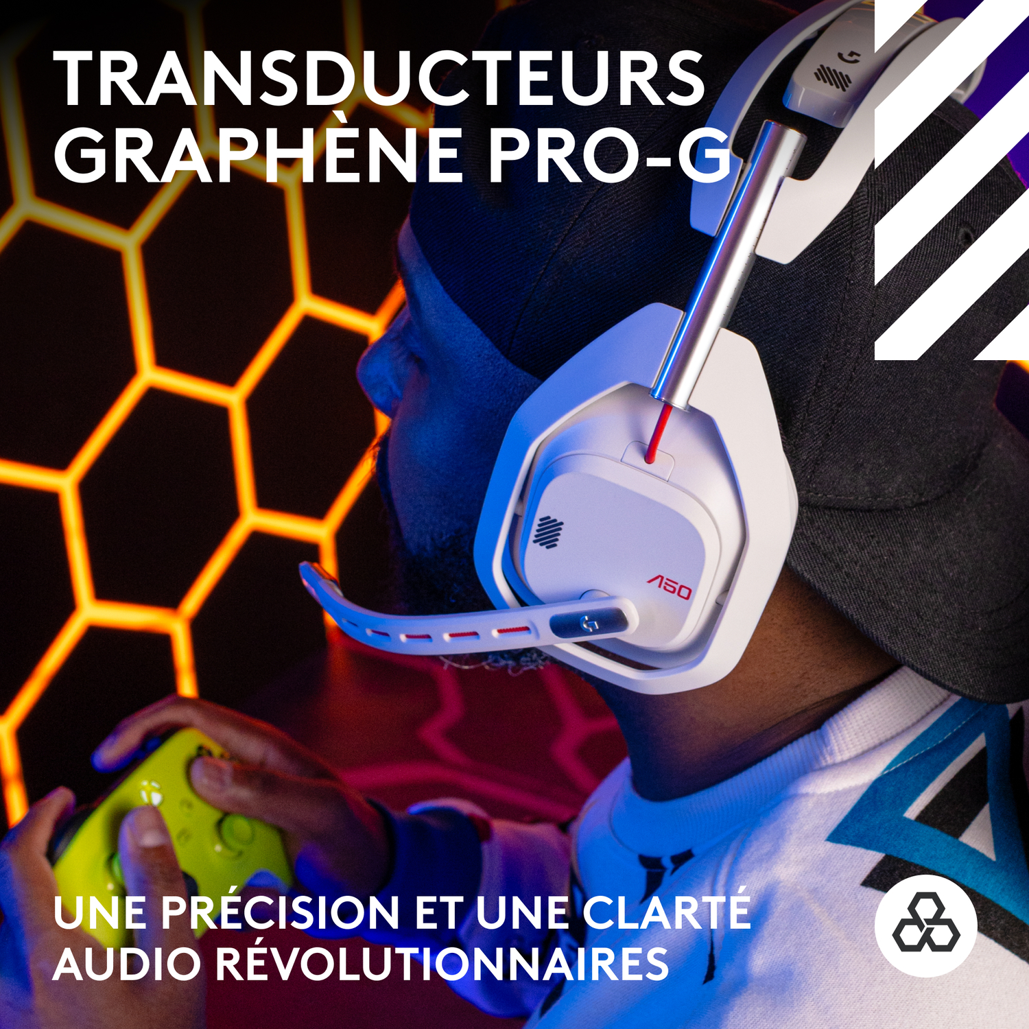 Un homme portant un casque de jeu blanc, avec une manette jaune, devant un motif hexagonal orange.