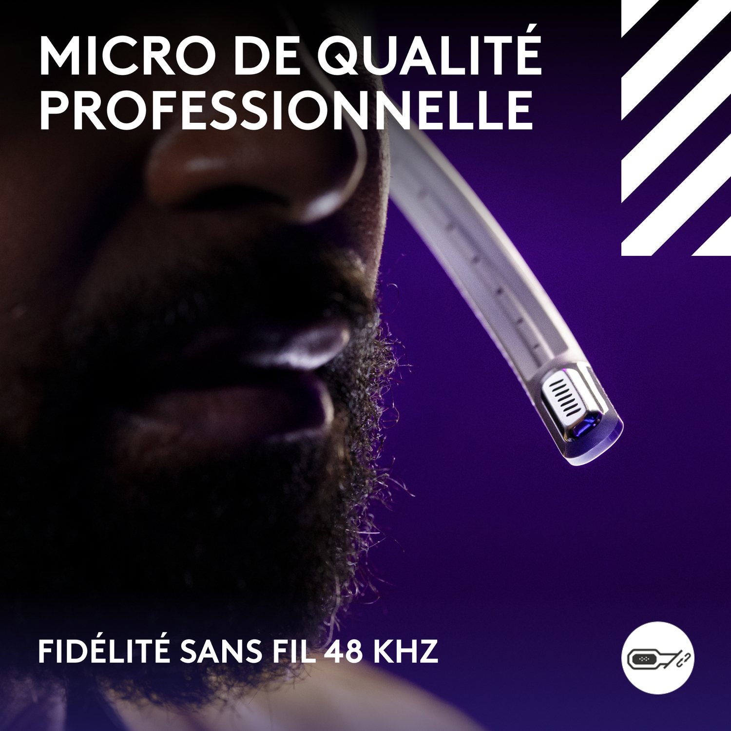 Un homme barbu avec un micro près de sa bouche. Texte : Micro de qualité professionnelle.