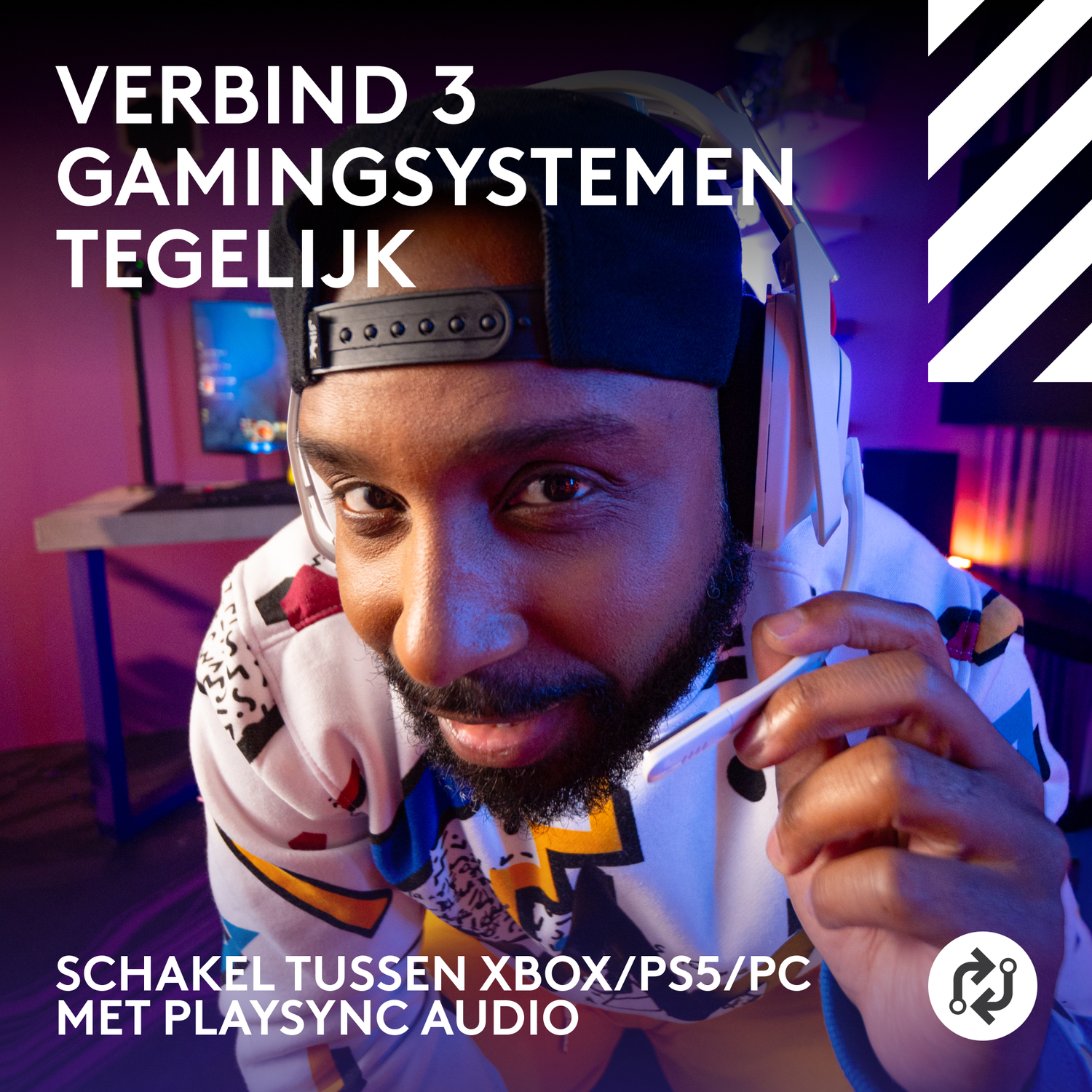 A person wearing headphones, with text about connecting gaming systems.