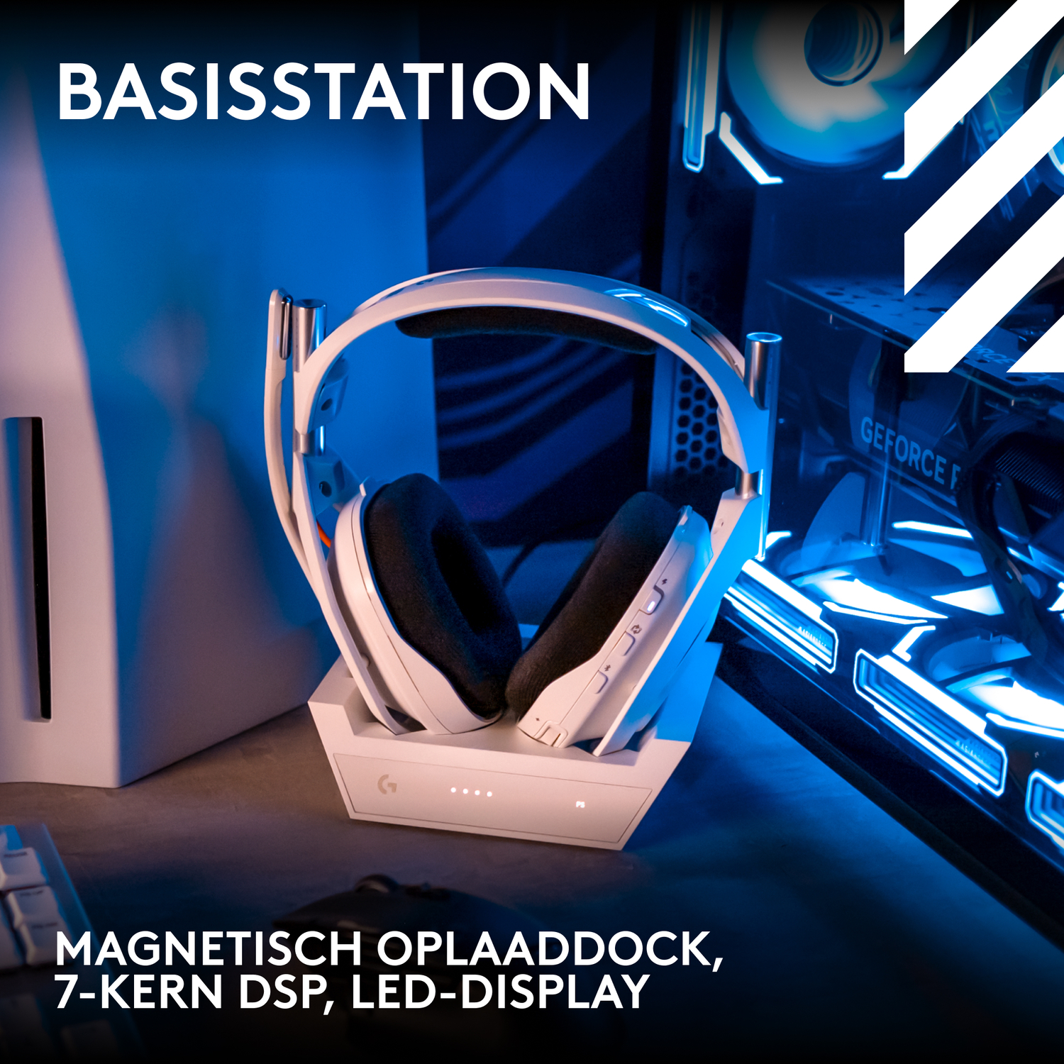 White headset on white base. Black ear cups. Blue-lit background shows computer components.