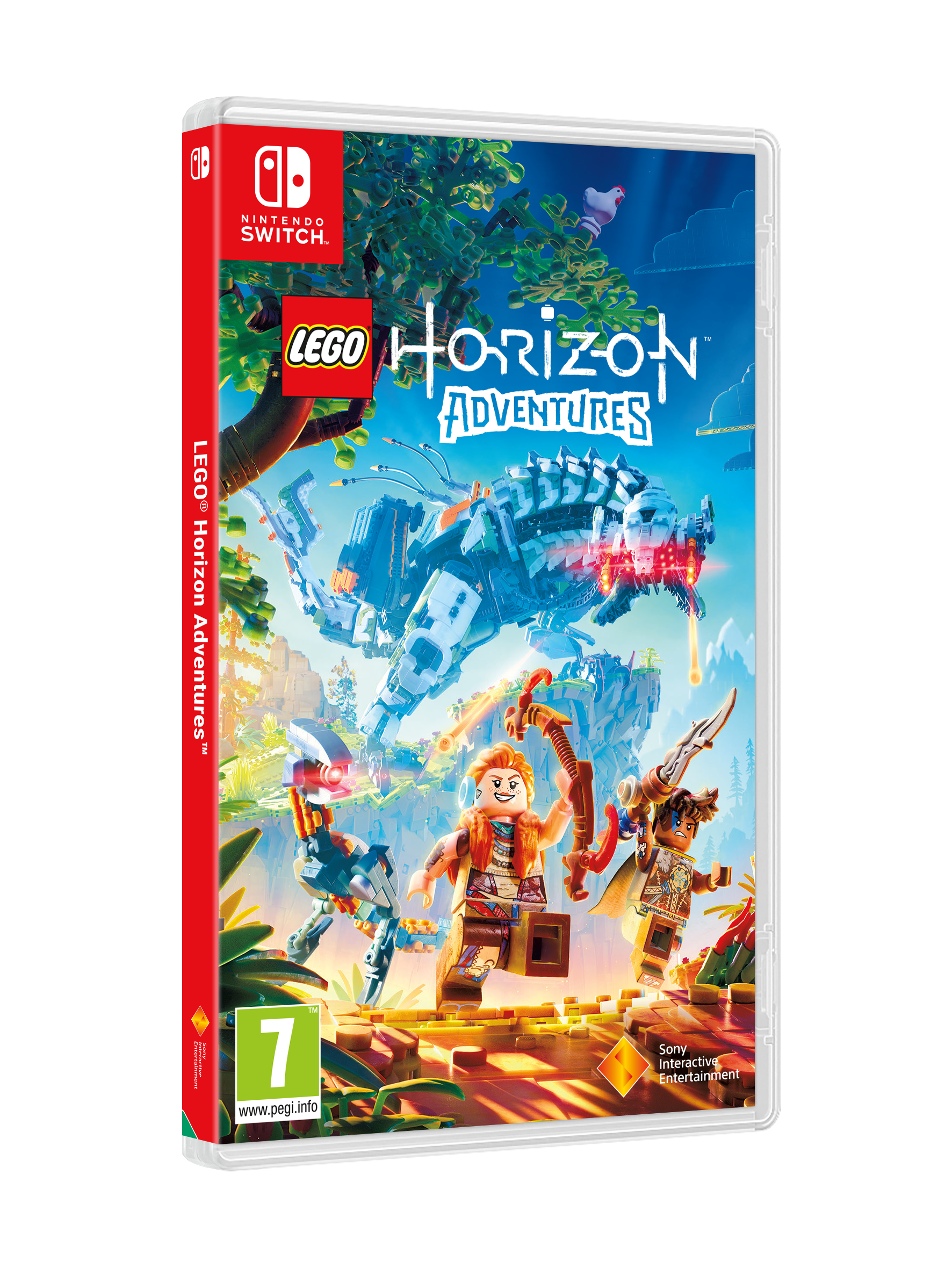 Caja del juego Nintendo Switch de 'Lego Horizon Adventures'. Presenta figuras de Lego y arte del juego.