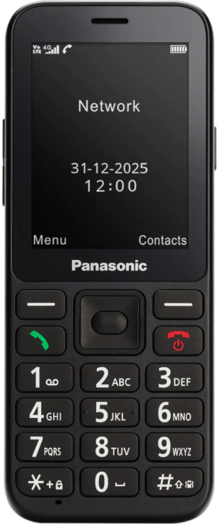 Czarny telefon Panasonic z dużymi przyciskami i wyświetlaczem daty i czasu.
