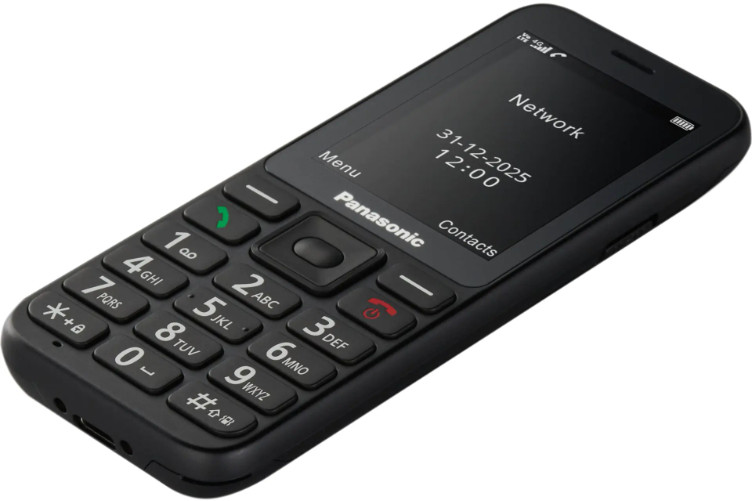 Czarny telefon z przyciskami i ekranem wyświetlającym godzinę i datę.