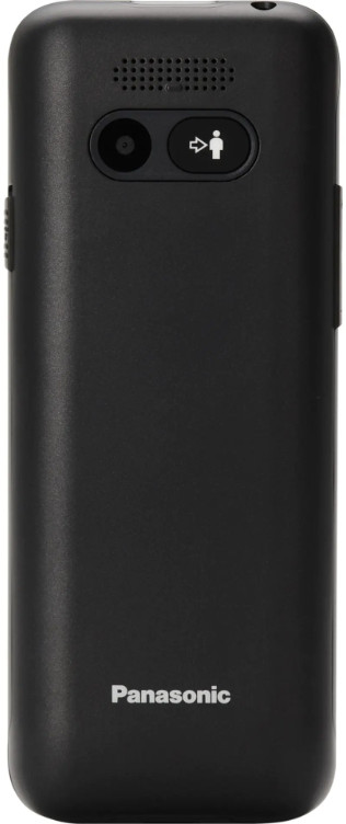 Czarny telefon bezprzewodowy Panasonic, z tyłu z przyciskami i głośnikiem.