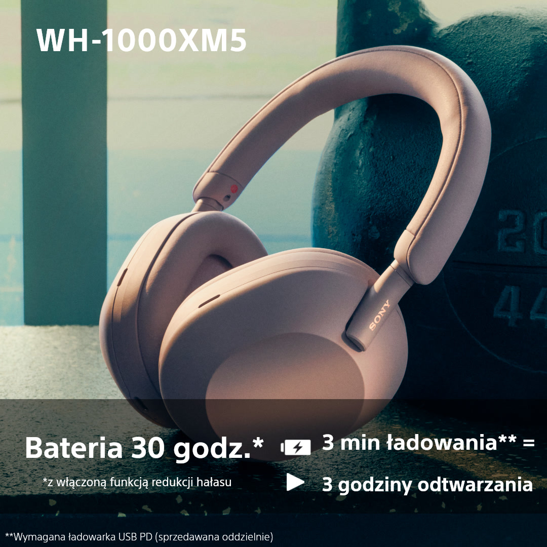 Słuchawki Sony WH-1000XM5. Tekst mówi o 30 godzinach pracy na baterii i 3 godzinach odtwarzania po 3 minutach ładowania.