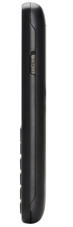 Czarny telefon, widok z boku. Pokazuje kilka przycisków z boku. Białe tło.