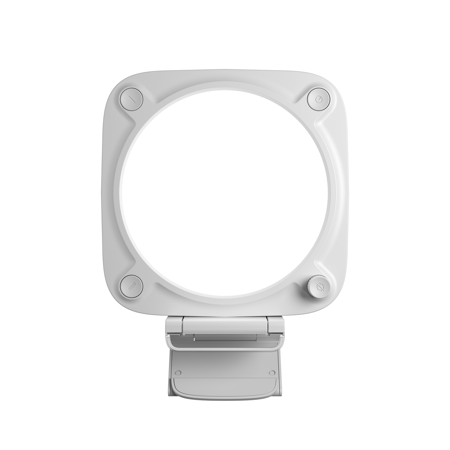 A white, square-shaped device with a large circular opening and buttons.