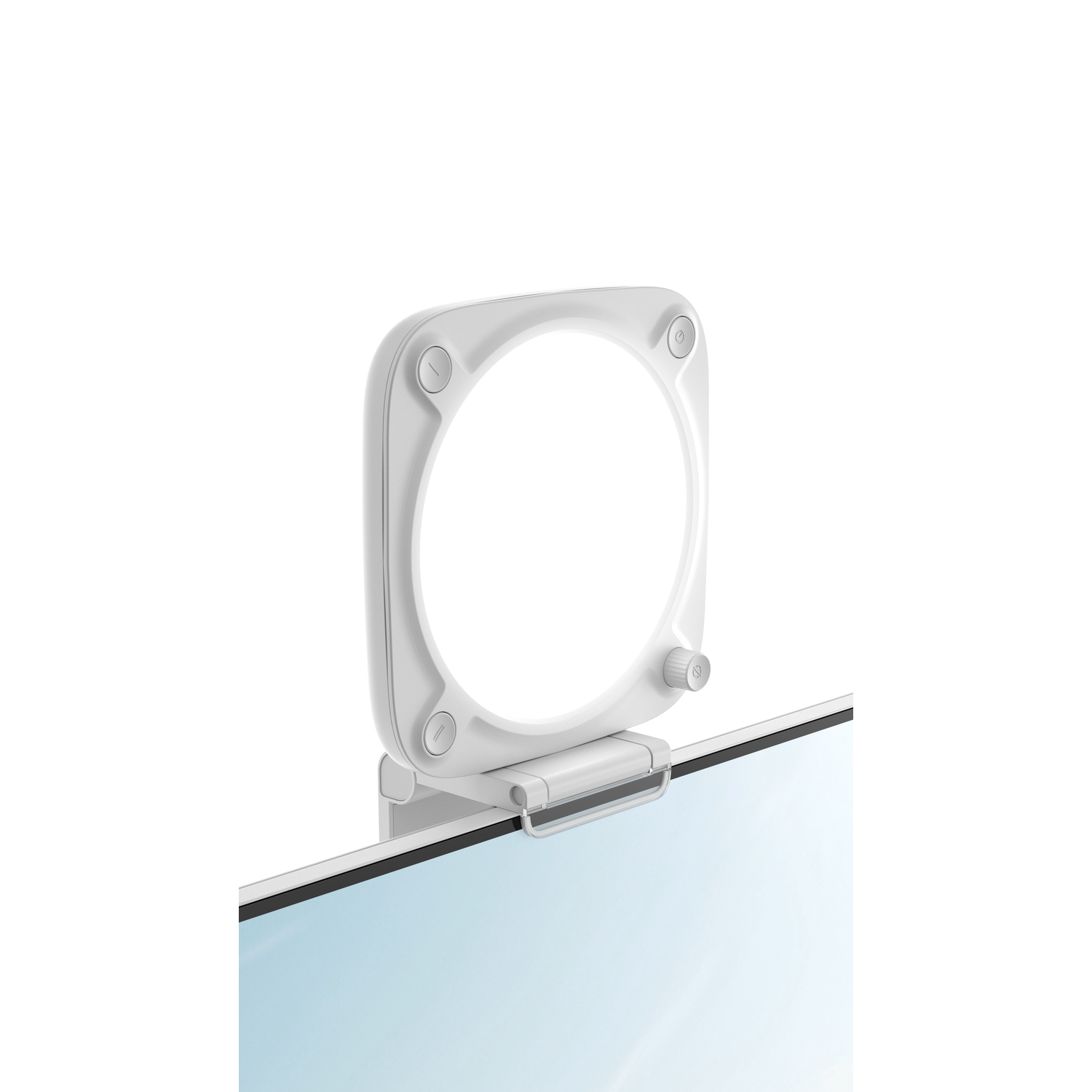 White square shaped device with circular opening on a white background.