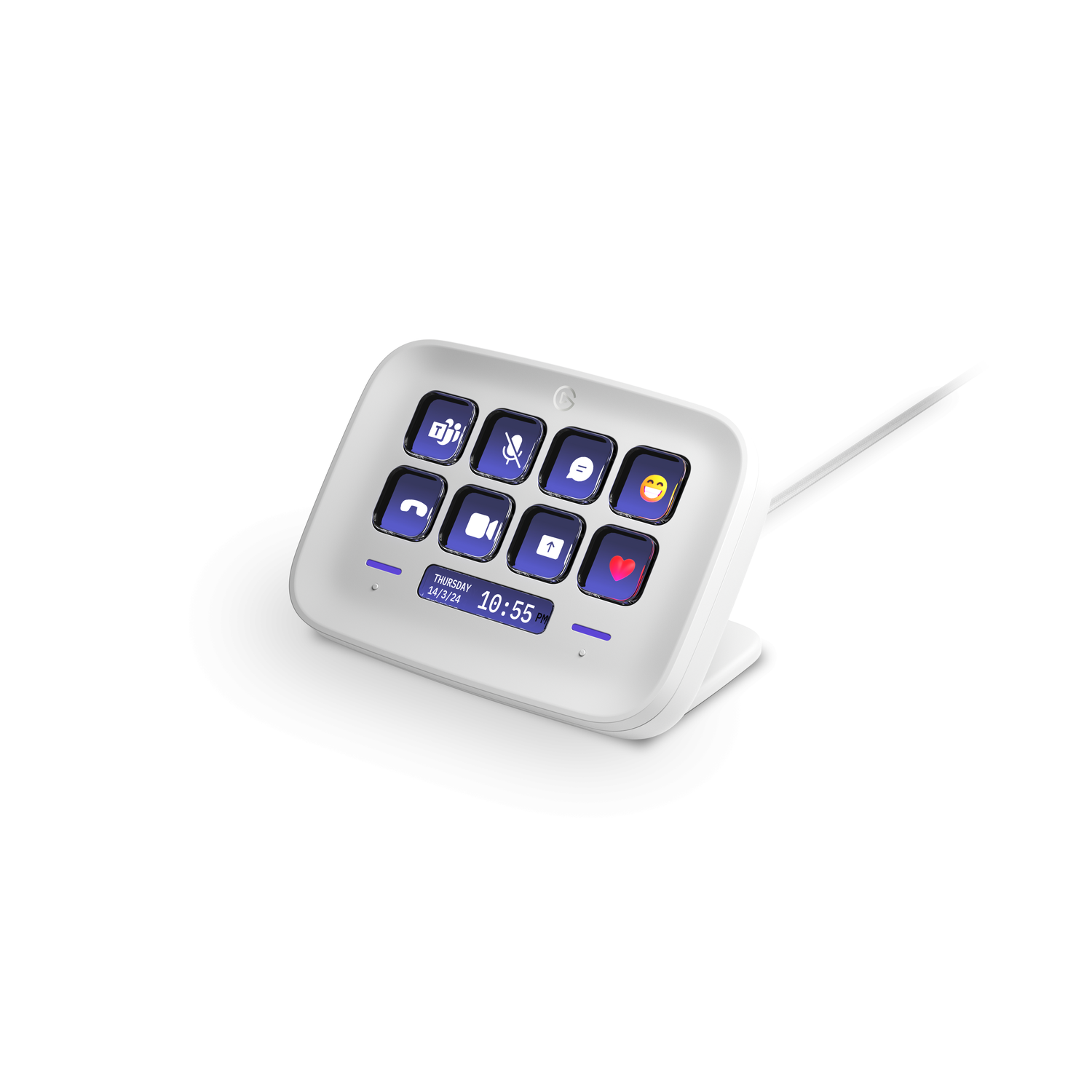 White device with touch screen icons and a stand. Shows time and date.