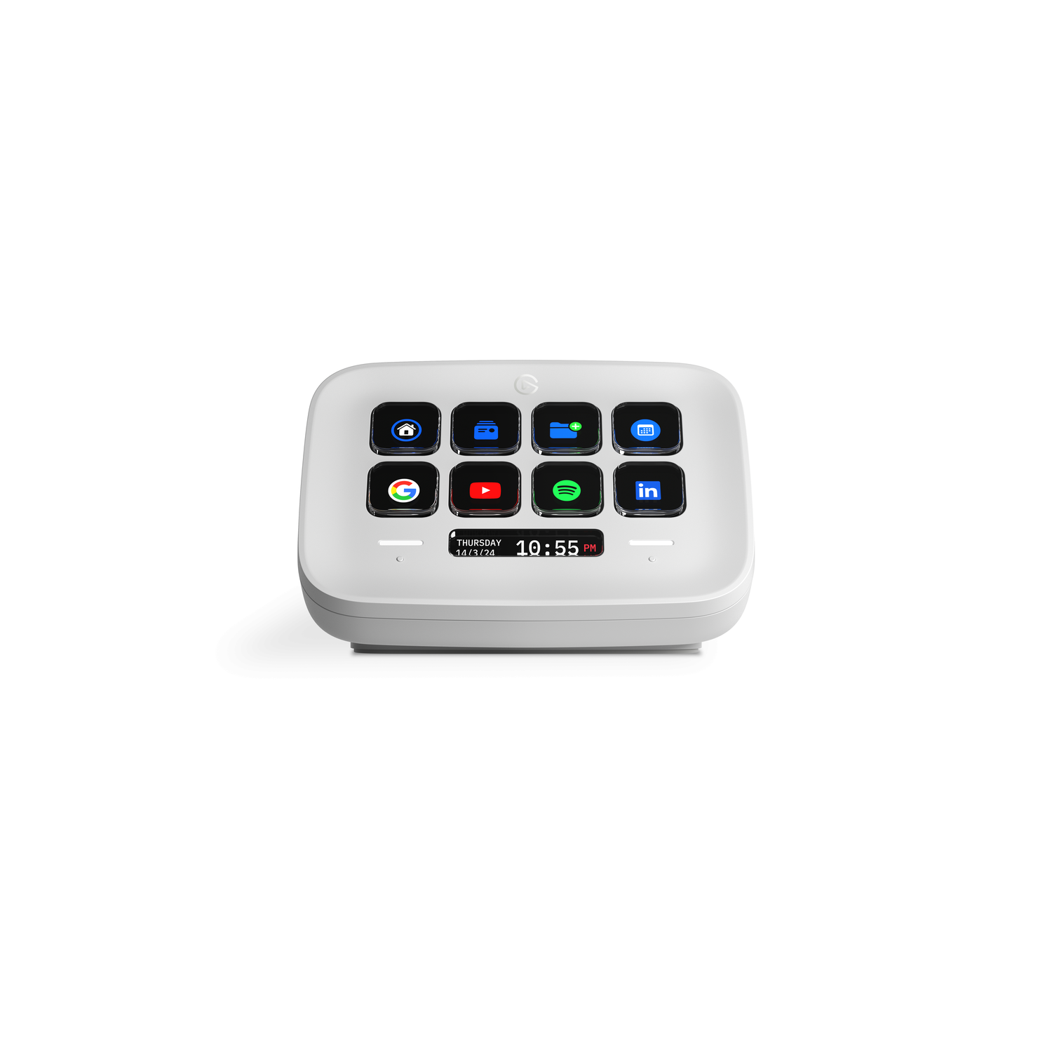 White control panel with multiple icons, a digital clock, and the date against a white background.