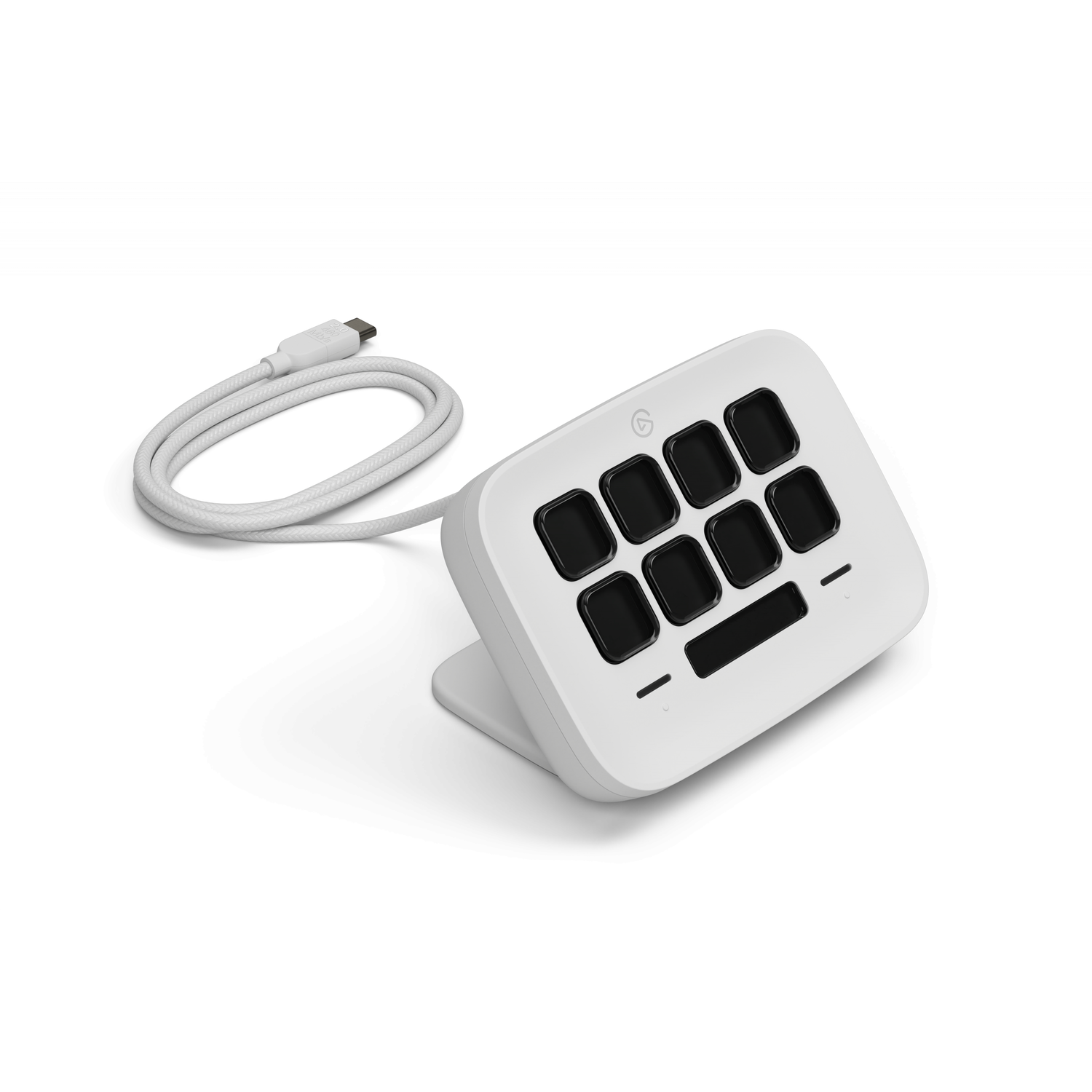 White control panel with buttons and a USB cable. Black buttons and white stand.