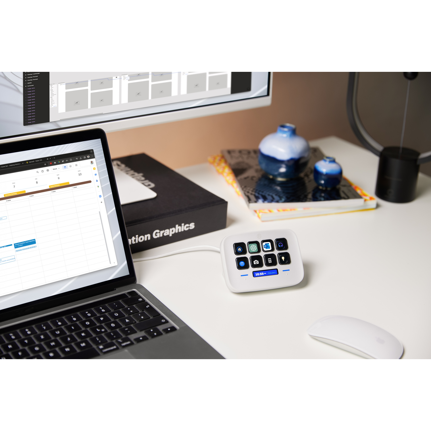 Office desk with laptop, monitor, and white control panel with icons.