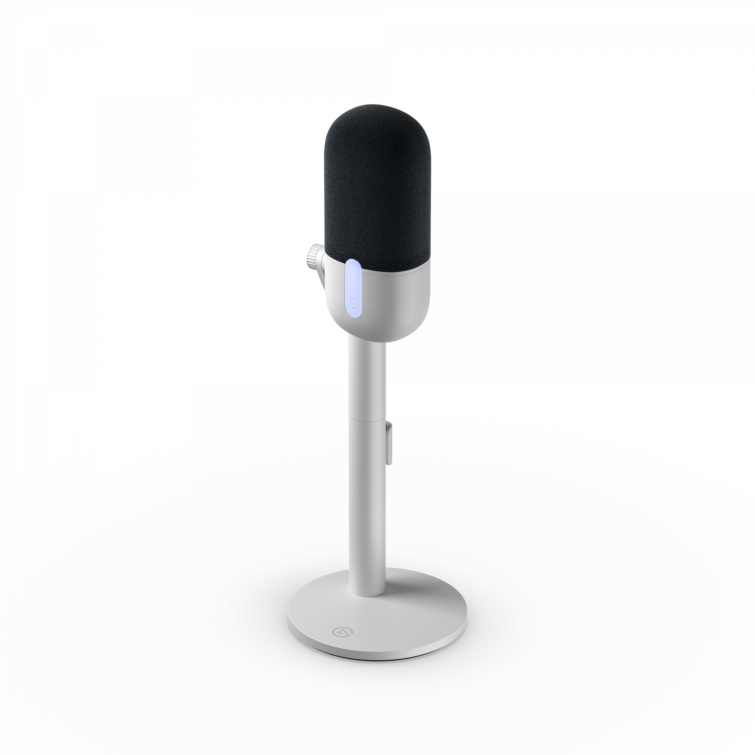 A white microphone on a stand. It has a black top and a circular base.