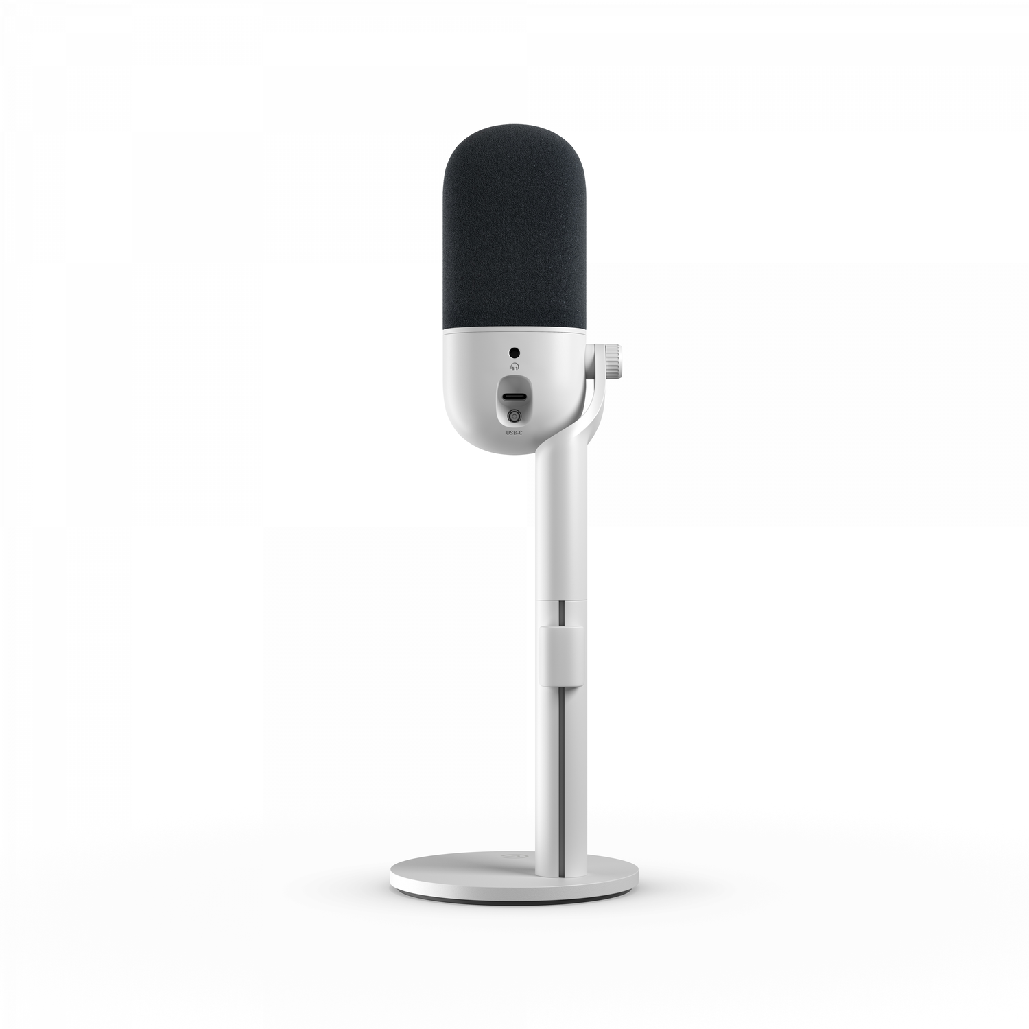 A white microphone on a stand. The microphone has a black foam cover and a few buttons.