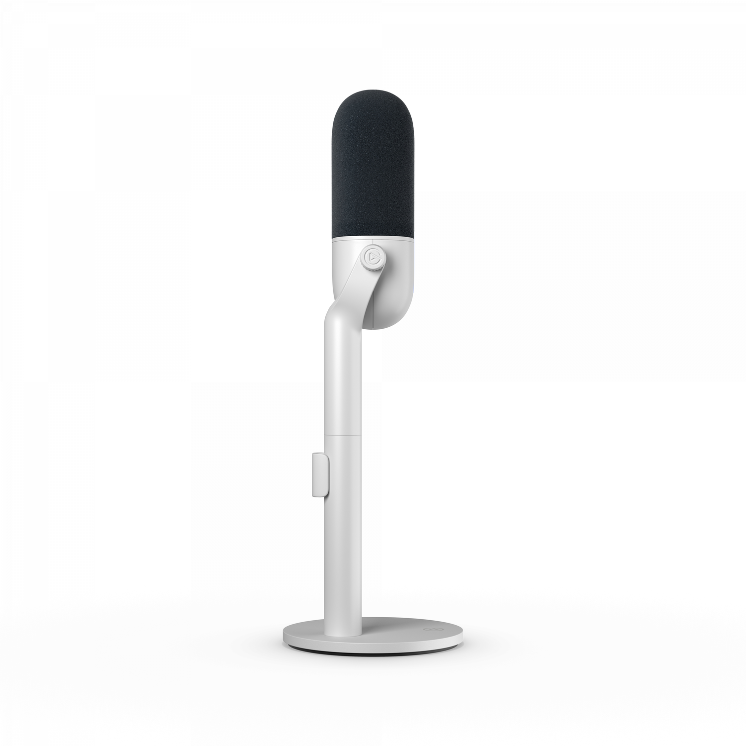 A white microphone with a dark gray top. It stands on a white base.